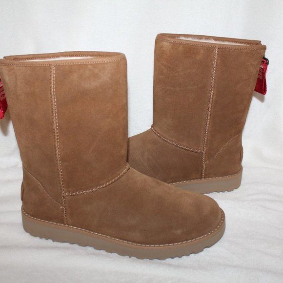 NIB UGG CLASSIC SHORT LOGO‎ ZIP UP SUEDE SHEARLING BOOTS CHESTNUT - Picture 3 of 8